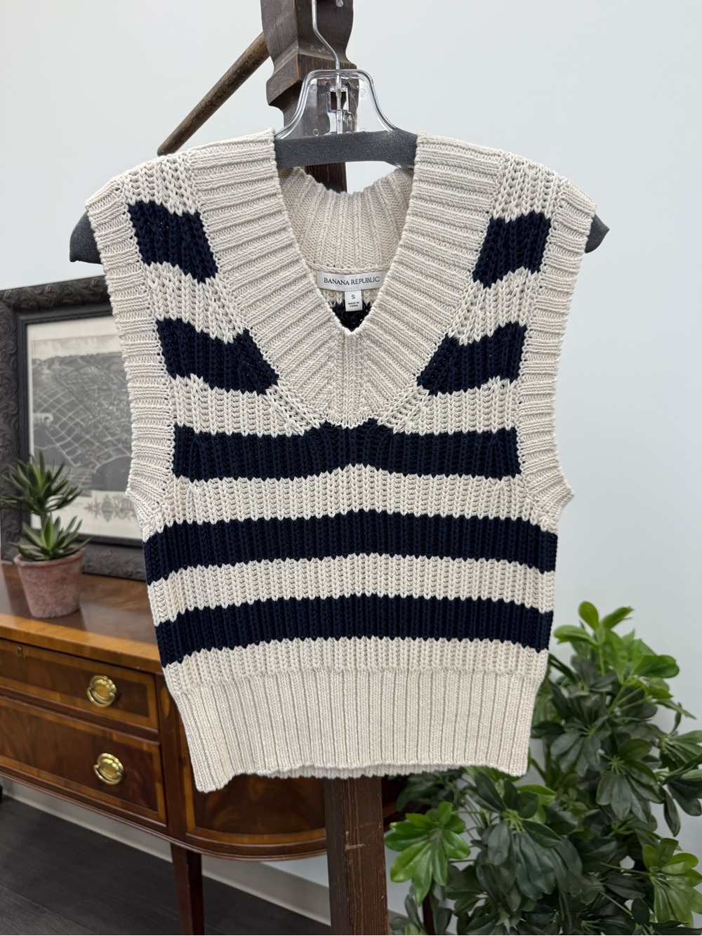 Banana Republic Striped V-Neck Knit Sweater Vest in Beige and Navy